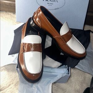 Prada  brown and white 
Spazzolato Bicolor Triangle Logo Loafers